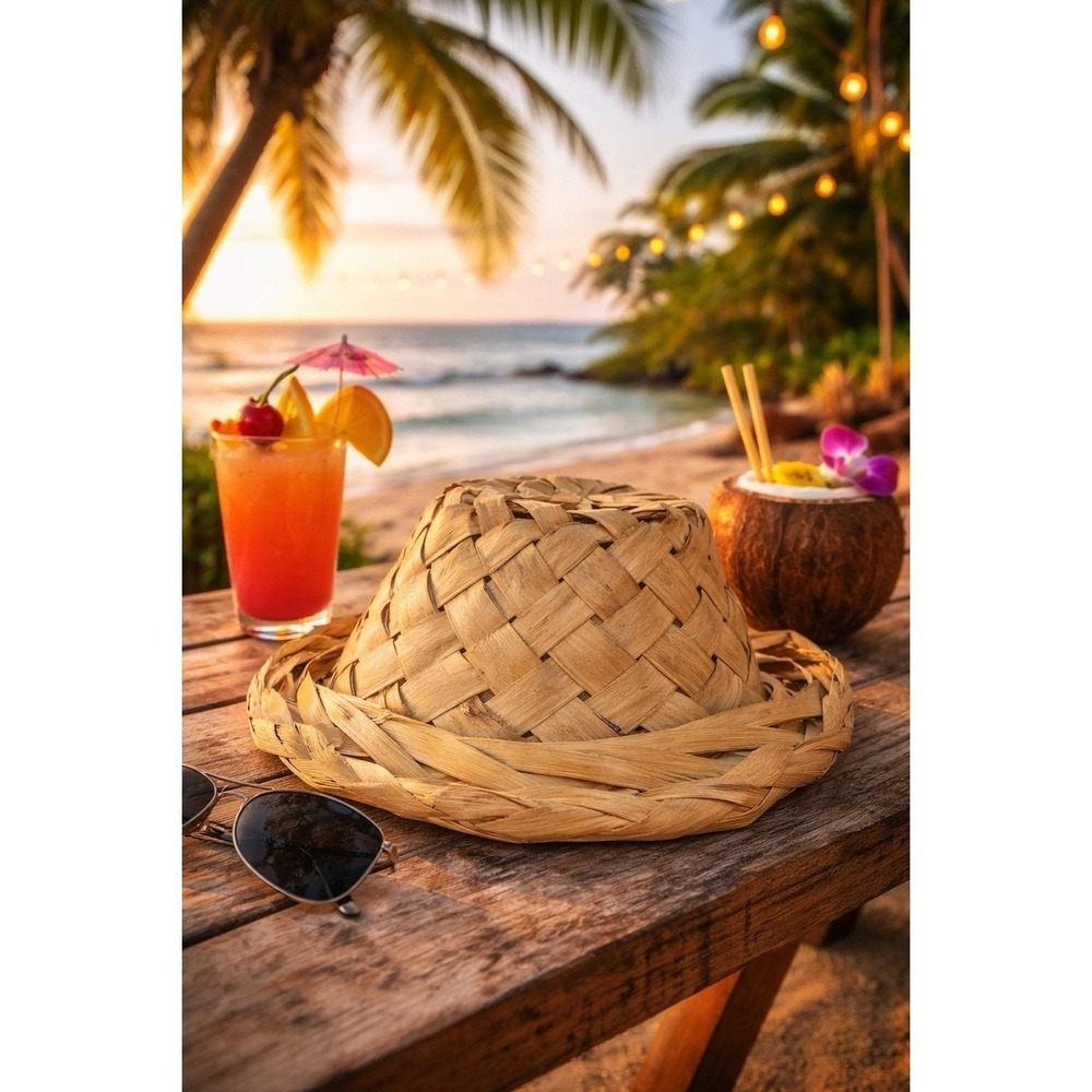 Woven Palm Straw Hat Tiki Tropical Island Handmade Folk Art Boho Festival VTG